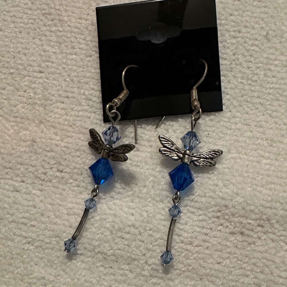 Dragonfly Earrings-silver metal with light blue & dark blue crystal-like accents